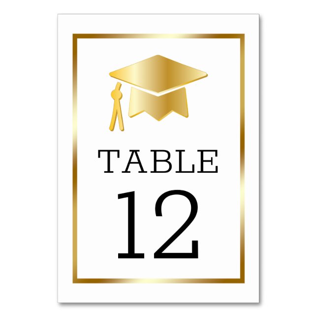Gold Tone Grad Cap on White Classy Graduation Tabl Table Number (Front)
