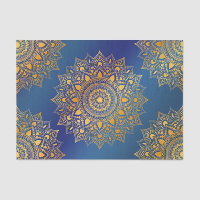 Gold Tone Mandalas on Blue Decoupage Tissue Paper (Front)