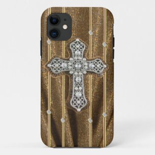 Gold Tone Rhinestones & Cross IPHONE CASE