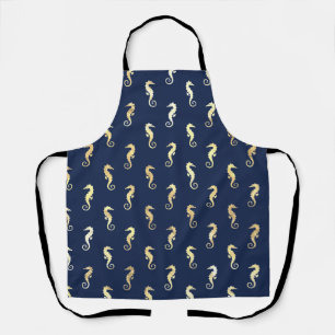 Gold Tone Seahorses over Navy Blue Apron