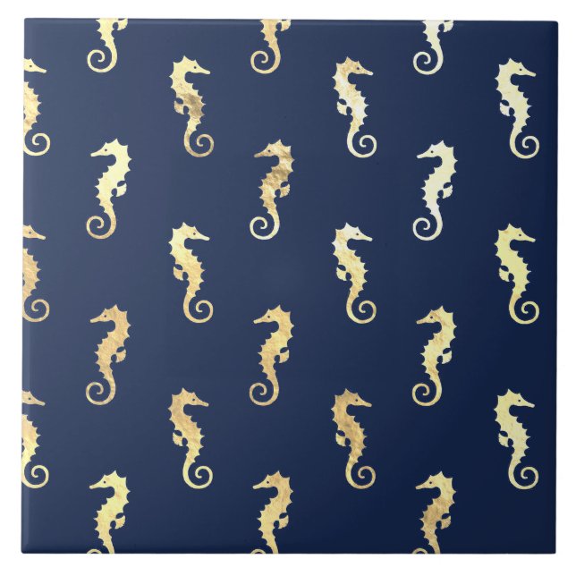 Gold Tone Seahorses over Navy Blue Ceramic Tile (Front)