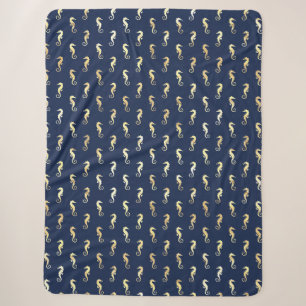 Gold Tone Seahorses over Navy Blue Sherpa Blanket