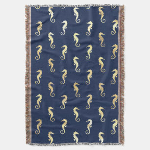 Gold Tone Seahorses over Navy Blue Throw Blanket