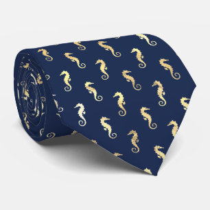 Gold Tone Seahorses over Navy Blue Tie