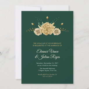 Gold Toned Peony on Emerald Wedding Invitation