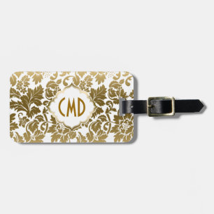 Gold Tones Floral Damasks Over White Background Luggage Tag