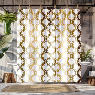 Gold Tones & Geometric Pattern On White Shower Curtain