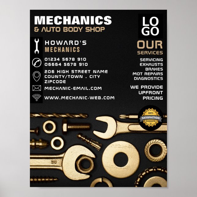Gold Tools, Auto Mechanic & Repairs Advertising Poster (Front)