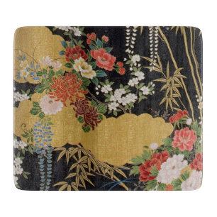 Gold Traditional Japanese Floral Glass Cutting Board