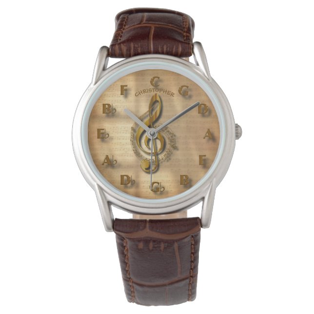 Gold Treble Clef Clock With Circle Of Fifths Music Watch (Front)