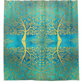 Gold Tree and Leaves Reflection on Turquoise Blue Shower Curtain