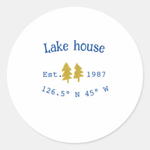 Gold tree blue lake house add coordinate year fami classic round sticker