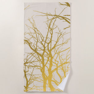 Gold Tree Branches Pattern Beige Background Beach Towel