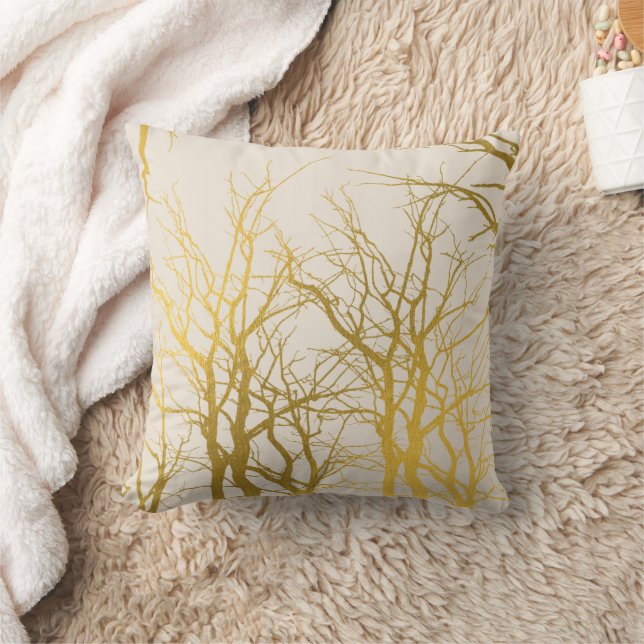 Gold Tree Branches Pattern Beige Background Cushion (Blanket)