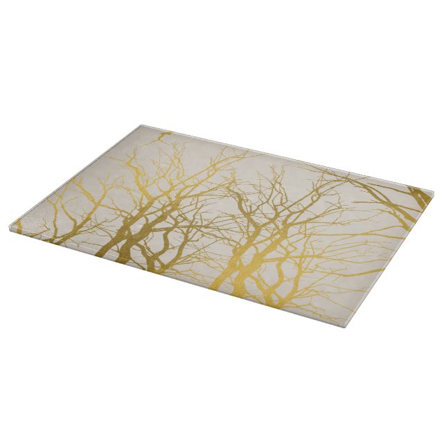 Gold Tree Branches Pattern Beige Background  Cutting Board (Corner)