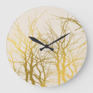 Gold Tree Branches Pattern Beige Background Large Clock