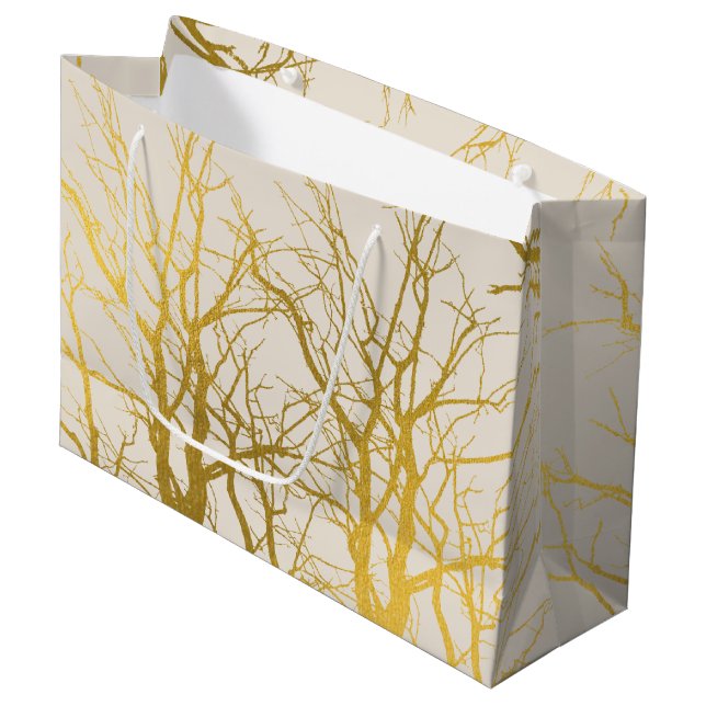 Gold Tree Branches Pattern Beige Background  Large Gift Bag (Front Angled)