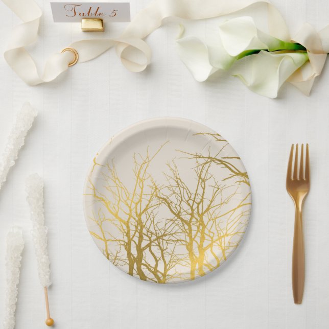 Gold Tree Branches Pattern Beige Background  Paper Plate (Wedding)