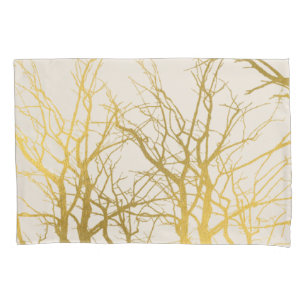Gold Tree Branches Pattern Beige Background  Pillowcase