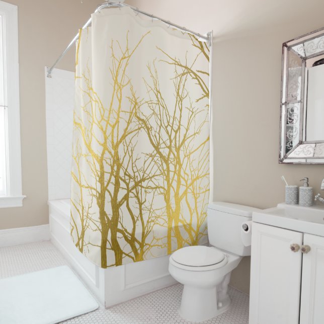 Gold Tree Branches Pattern Beige Background  Shower Curtain (In Situ)