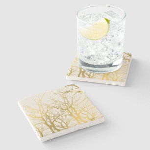 Gold Tree Branches Pattern Beige Background Stone Coaster