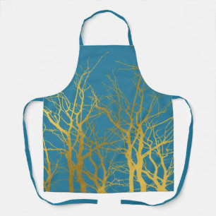 Gold Tree Branches Pattern Blue Background Apron