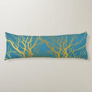 Gold Tree Branches Pattern Blue Background Body Cushion