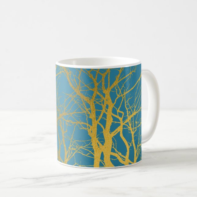 Gold Tree Branches Pattern Blue Background Coffee Mug (Front Right)