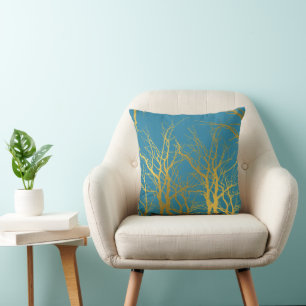 Gold Tree Branches Pattern Blue Background  Cushion