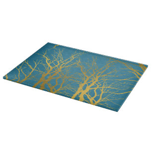 Gold Tree Branches Pattern Blue Background  Cutting Board