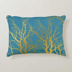 Gold Tree Branches Pattern Blue Background  Decorative Cushion
