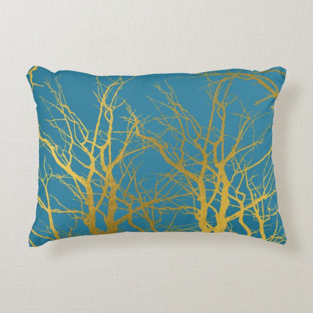 Gold Tree Branches Pattern Blue Background  Decorative Cushion (Front)
