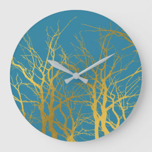 Gold Tree Branches Pattern Blue Background  Large Clock