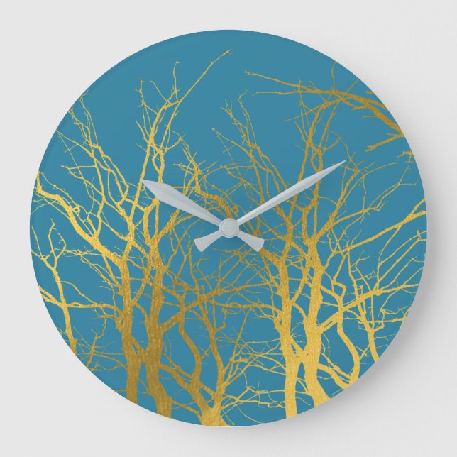 Gold Tree Branches Pattern Blue Background  Large Clock (Front)