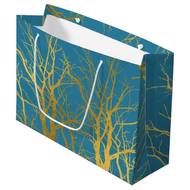 Gold Tree Branches Pattern Blue Background   Large Gift Bag (Front Angled)