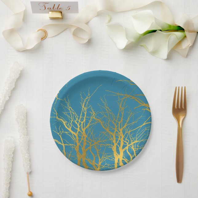 Gold Tree Branches Pattern Blue Background Paper Plate (Wedding)