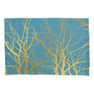 Gold Tree Branches Pattern Blue Background Pillowcase