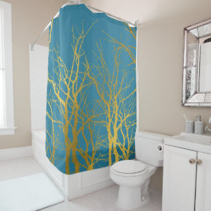Gold Tree Branches Pattern Blue Background Shower Curtain