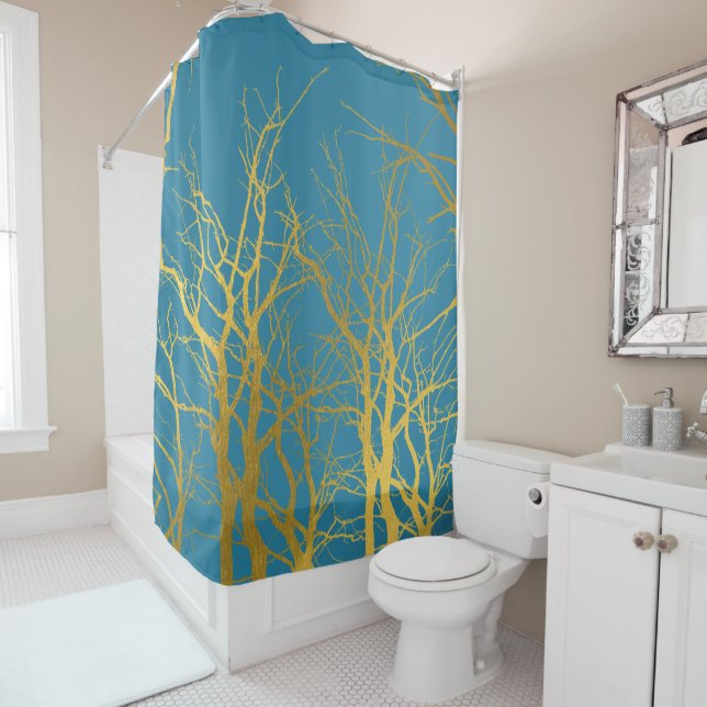 Gold Tree Branches Pattern Blue Background Shower Curtain (In Situ)