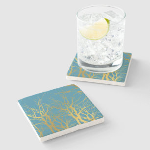 Gold Tree Branches Pattern Blue Background  Stone Coaster