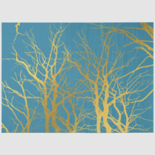 Gold Tree Branches Pattern Blue Background Tissue Paper