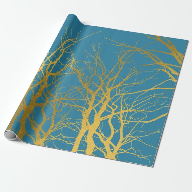 Gold Tree Branches Pattern Blue Background Wrapping Paper (Unrolled)
