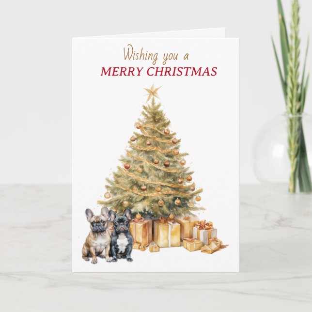 Gold Tree French Bulldogs Christmas Card (Front)