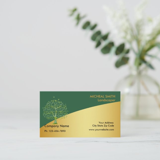Gold Tree Garden Lawn Care and Landscape Business Business Card (Standing Front)