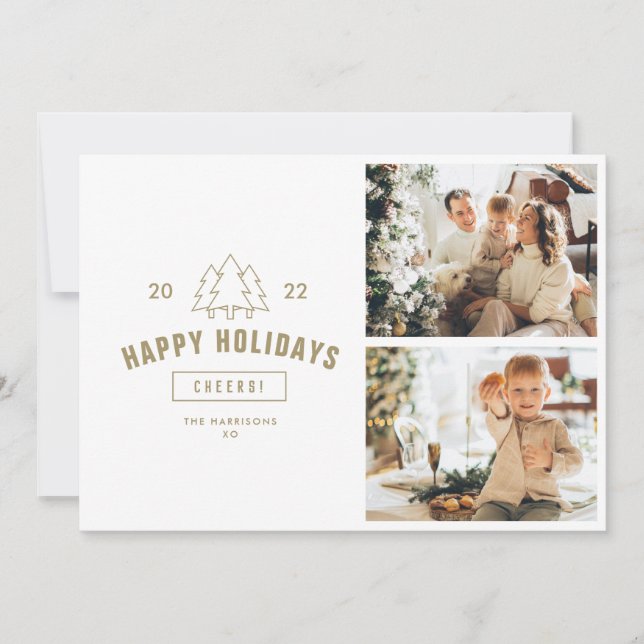 Gold Tree Happy Holidays Family Multi Photo Holiday Card (Front)