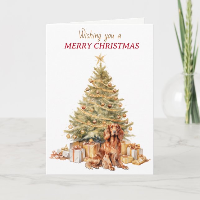 Gold Tree Irish Setter Dog Christmas Holiday Card (Front)