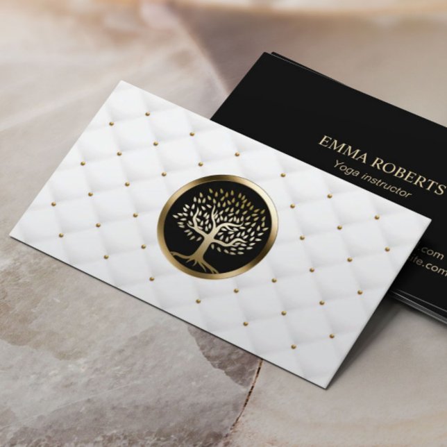 Gold Tree Logo Modern White Quilts Salon & SPA Business Card (Creator Uploaded)