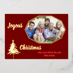 Gold Tree Minimal Dark Red Joyous Christmas Photo  Foil Holiday Card