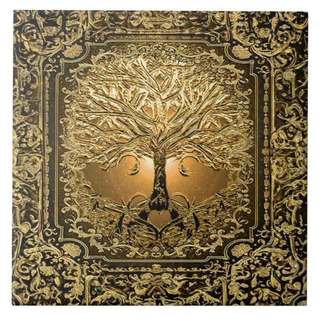 Gold Tree of Life Ancient Rustic Ceramic Tile (Front)