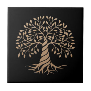 Gold Tree of Life Black Background Graphic Art Ceramic Tile
